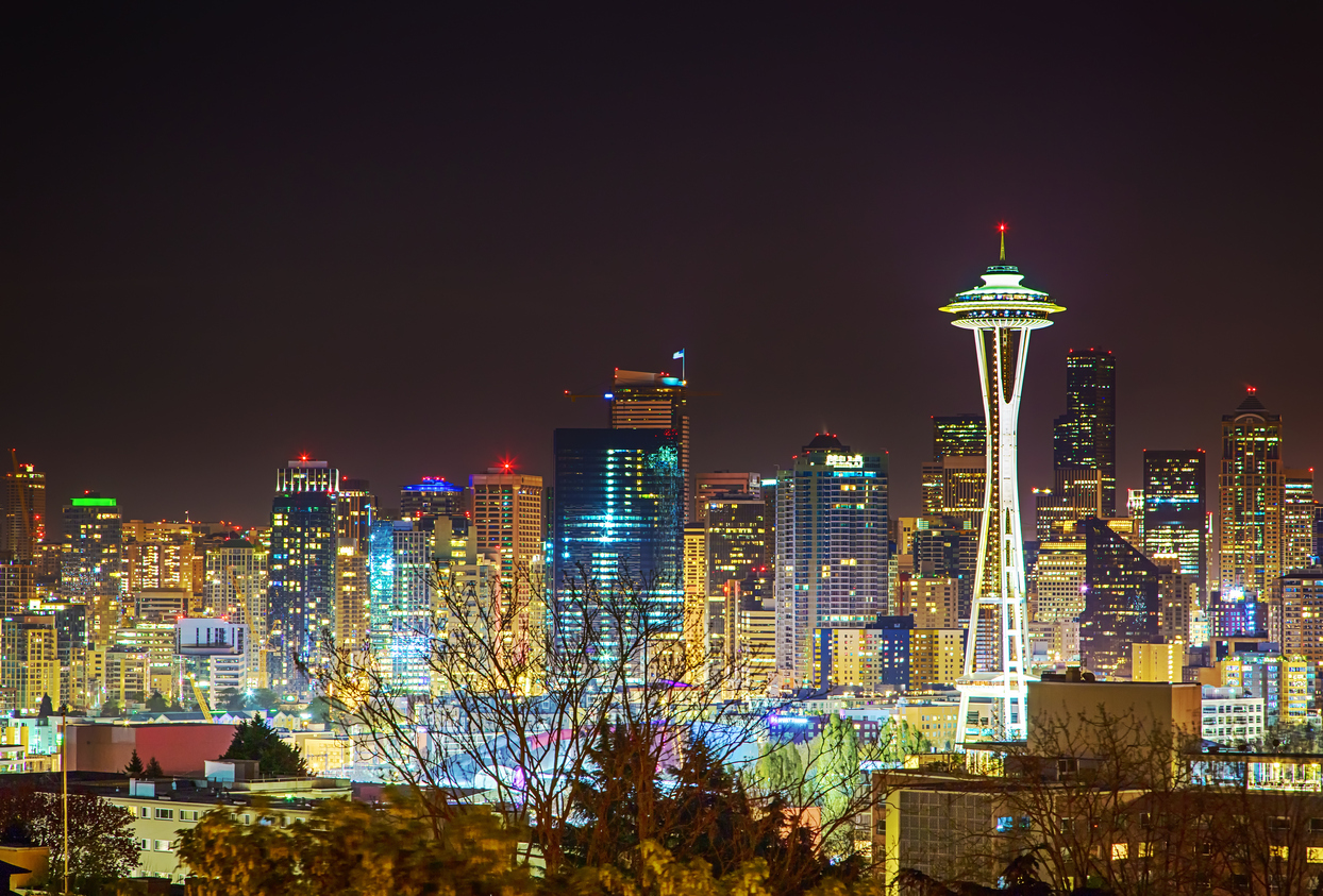 Business Downtown Seattle cityscape at night