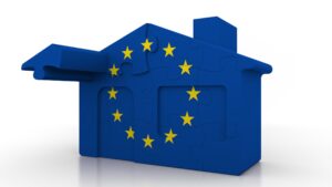 Building puzzle house featuring flag of the European Union. EU e