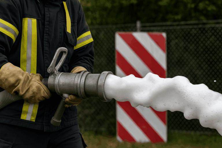 Picture of firefighter with hose shooting foam - Fire Buyer