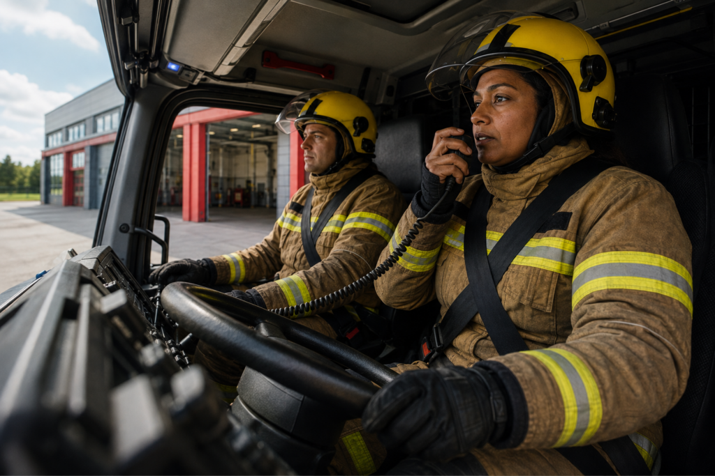 Woman Fire fighter driving the engine - Fire Buyer